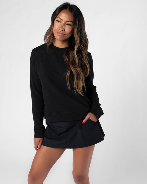 Women's Black Waffle Crew Neck
