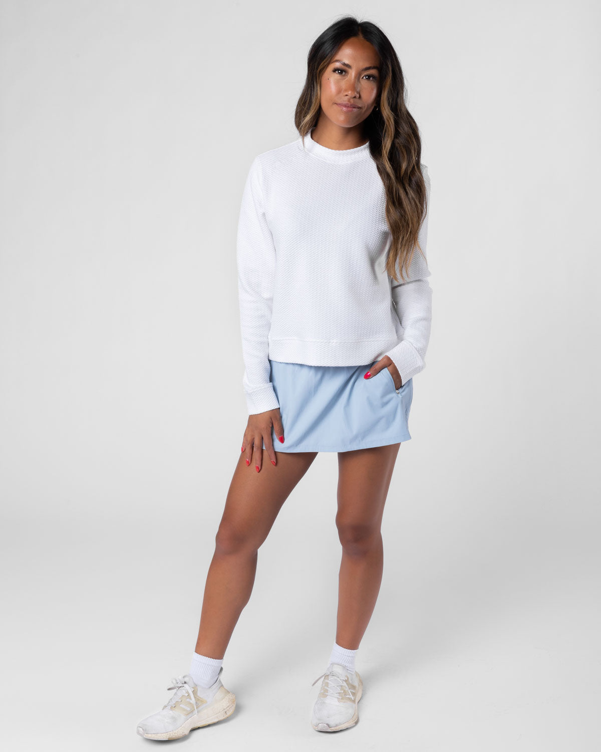 Women's White Waffle Crew Neck
