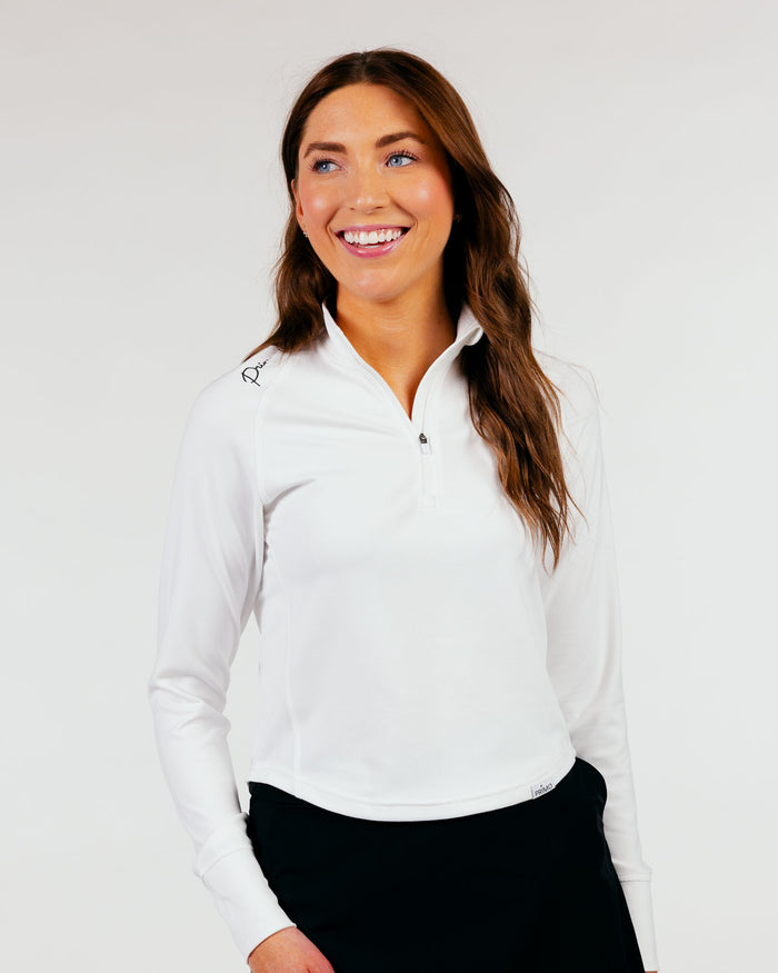 Women's White Cursive Crop Quarterzip